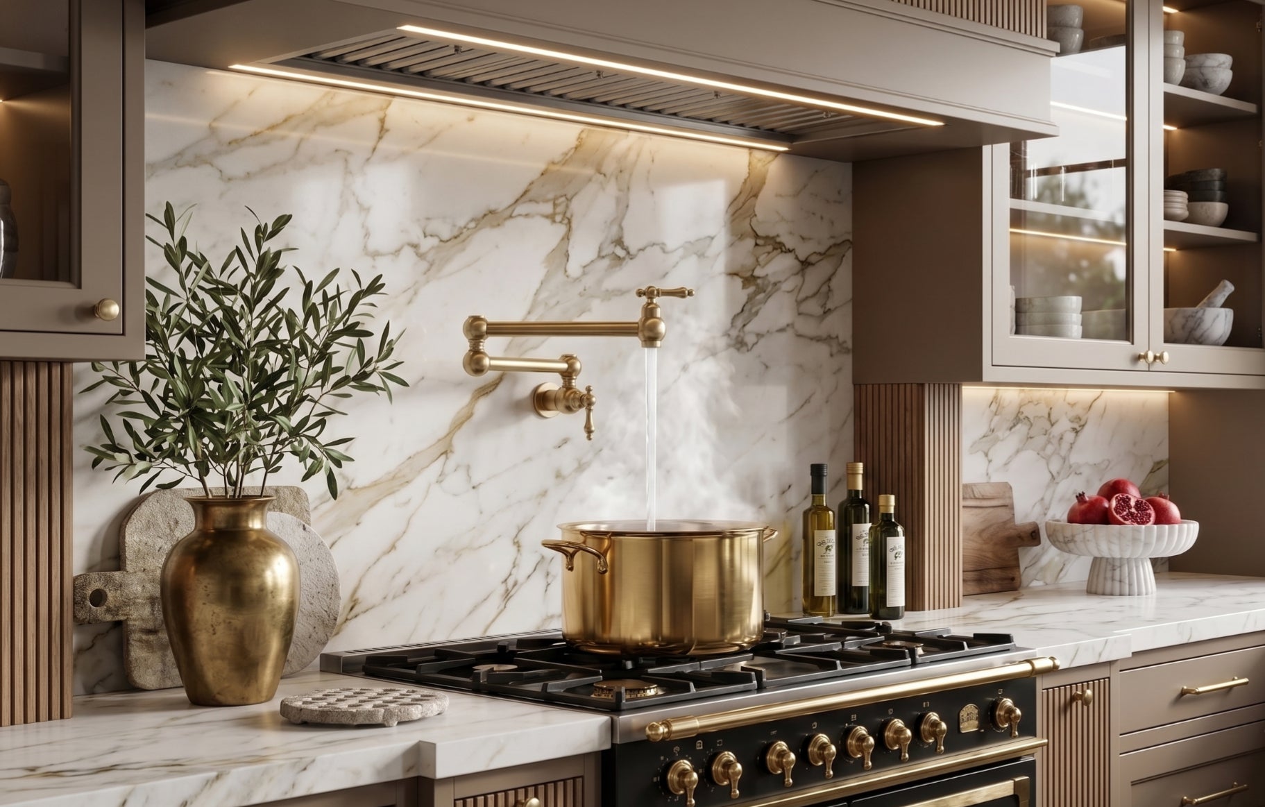 Modern kitchen with marble backsplash, gold pot on stove, and decorative elements.
