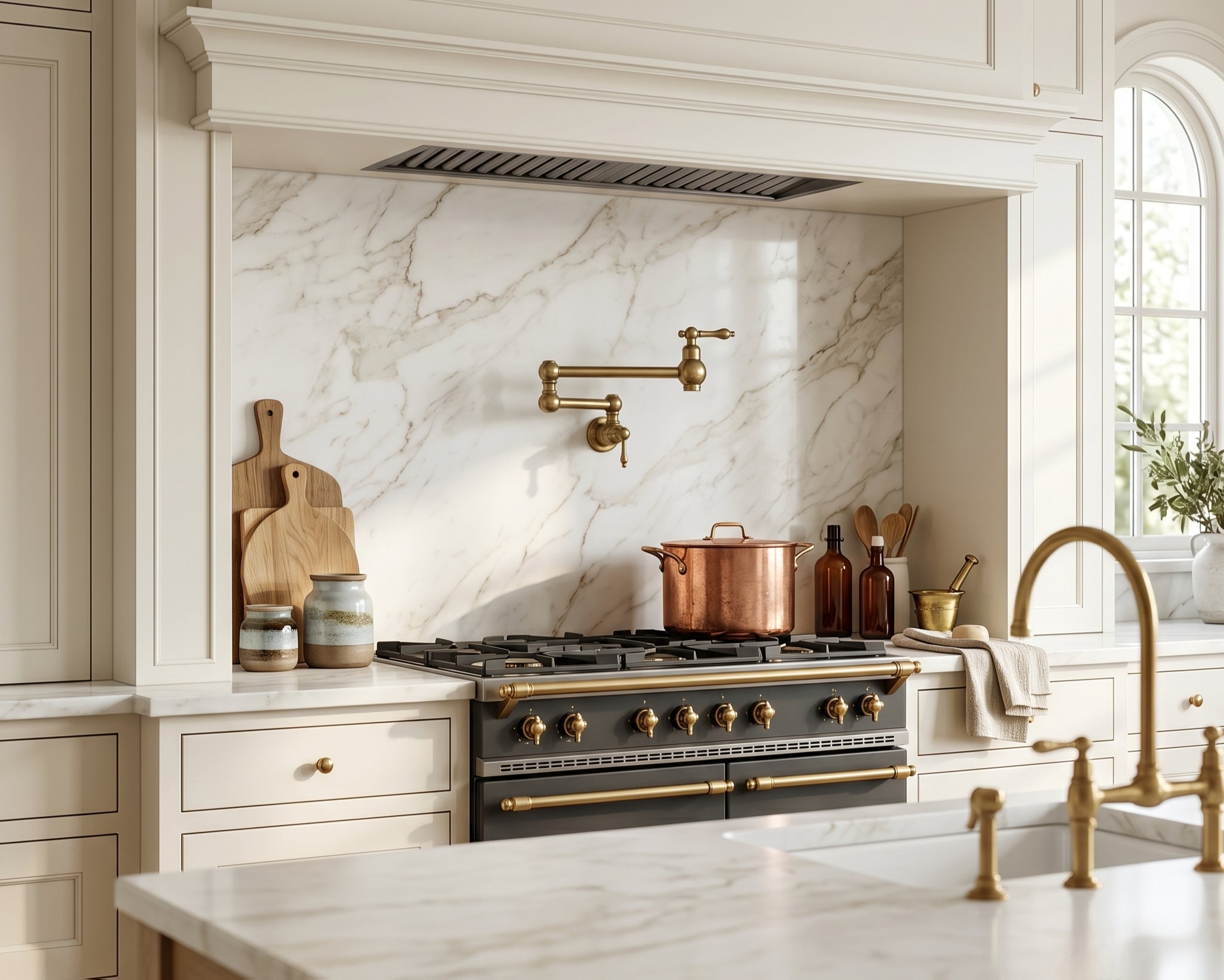 Modern kitchen with marble backsplash, stainless steel stove, and gold fixtures.