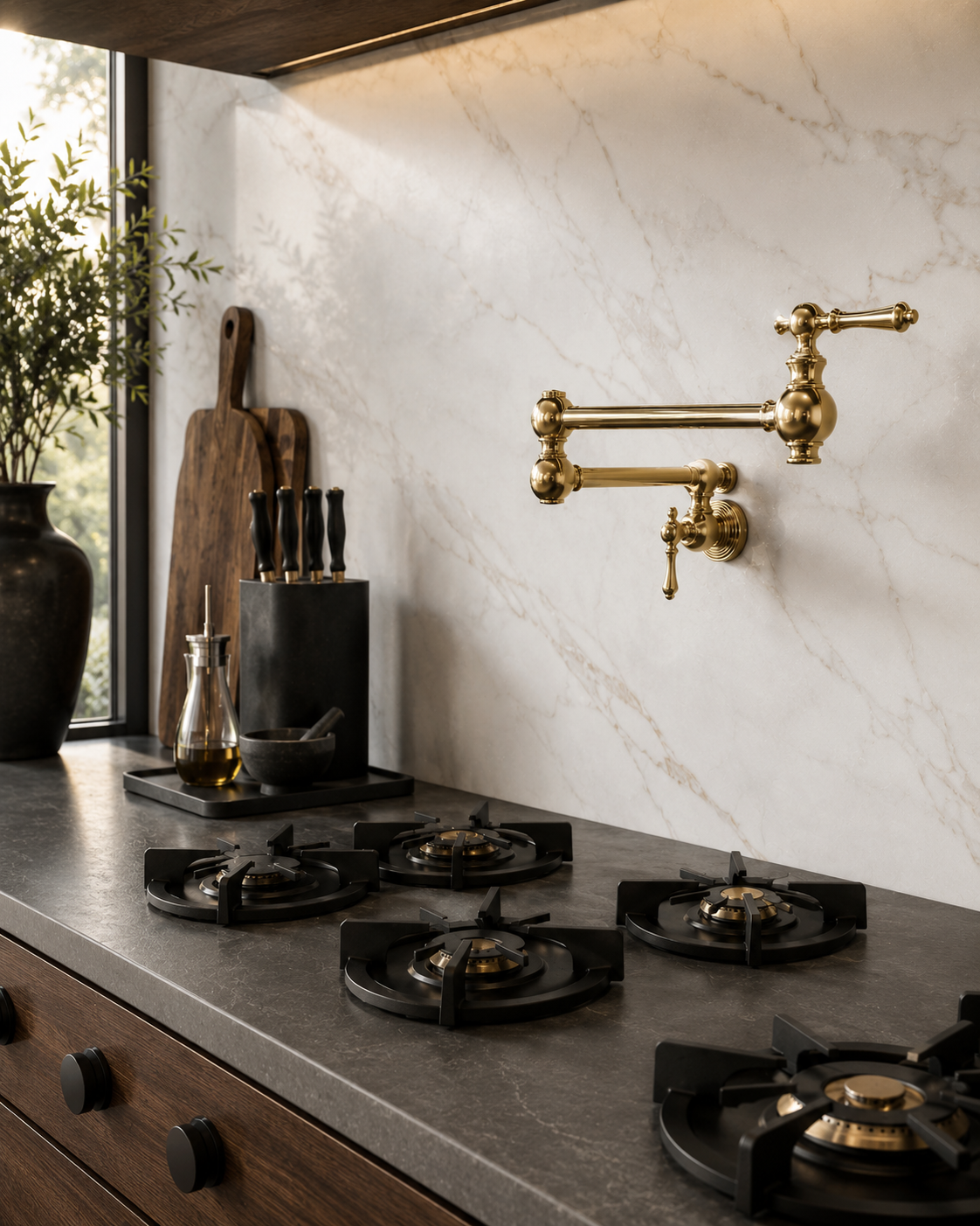 Modern kitchen with gas stove, marble wall, and gold faucet.