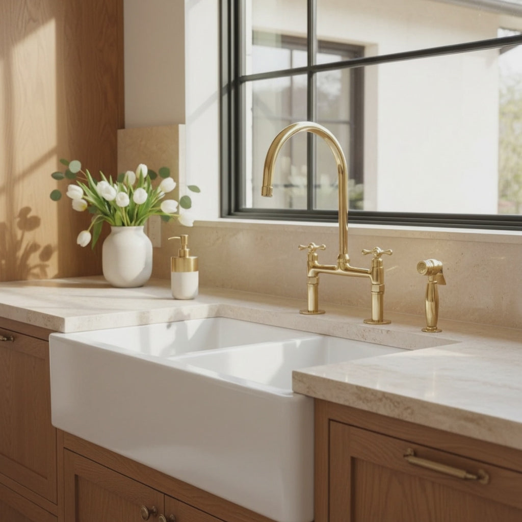 Unlacquered Brass Bridge Kitchen Faucet