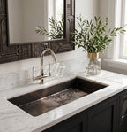 Bathroom vanity with marble countertop, sink, and decorative mirror.