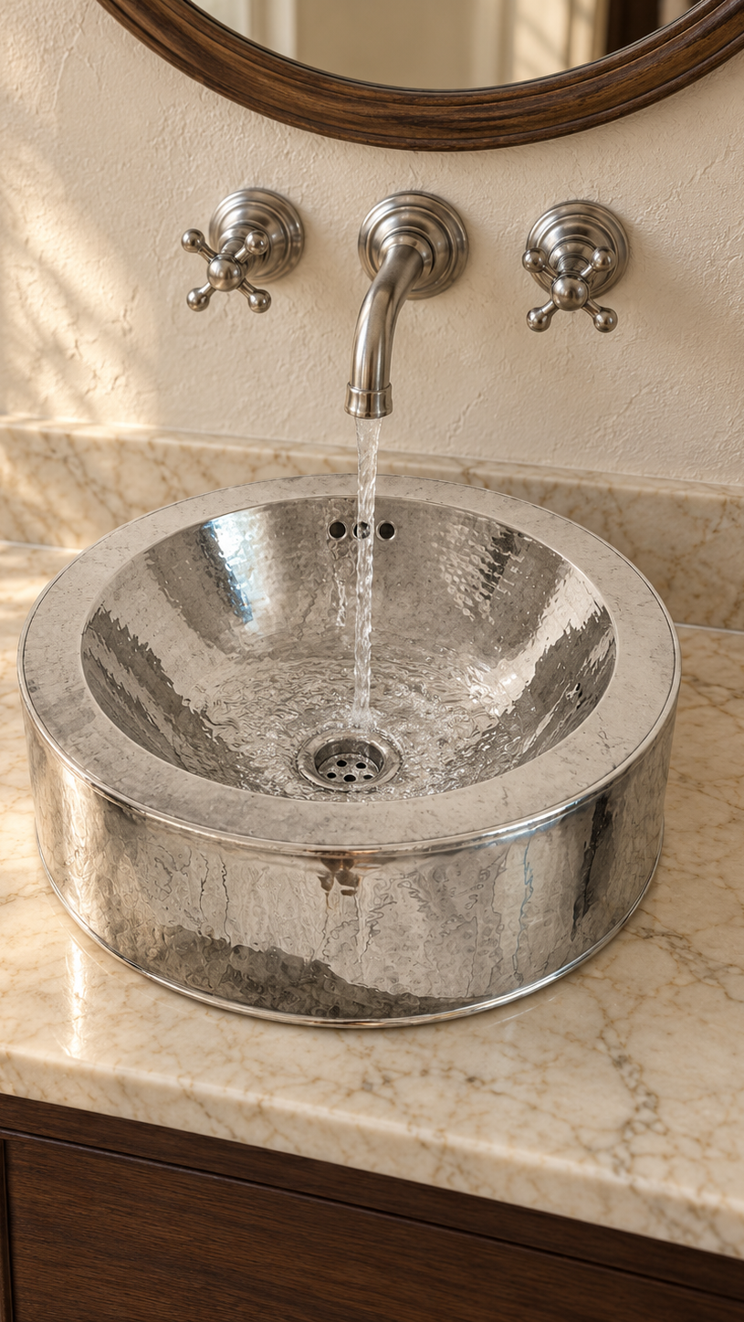 A hammered silver metal vessel sink with a waterfall faucet, installed on a beige marble bathroom countertop with dark wood cabinetry.