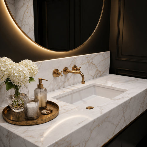 A modern bathroom vanity featuring a white marble countertop with gold veining, a white rectangular sink, and a brushed gold faucet. A matching round backlit mirror hangs above, and a gold tray with white flowers and glassware sits on the counter.