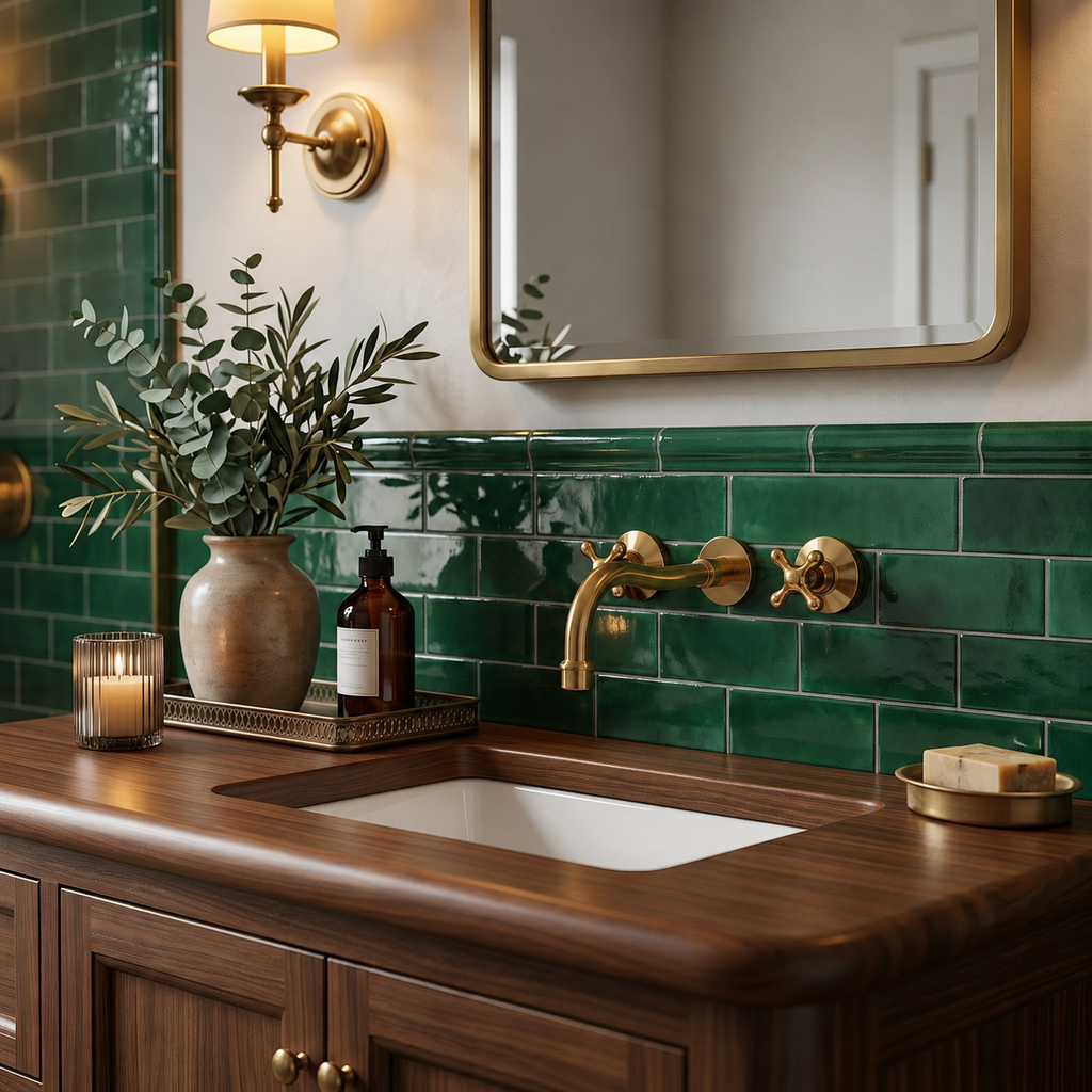 A styled bathroom vanity featuring a dark wood countertop, a white sink, a brass faucet, and a glossy green subway tile backsplash. Decorative elements include a mirror, a lit sconce, a vase with greenery, and a candle.
