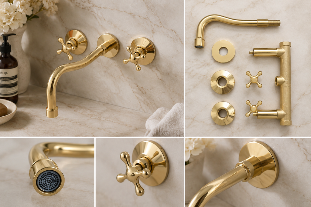A collage showing a brushed gold wall-mounted faucet set with a curved spout, two cross-handle valves, a handheld shower attachment, mounting hardware, and close-up detail views on a light marble background.