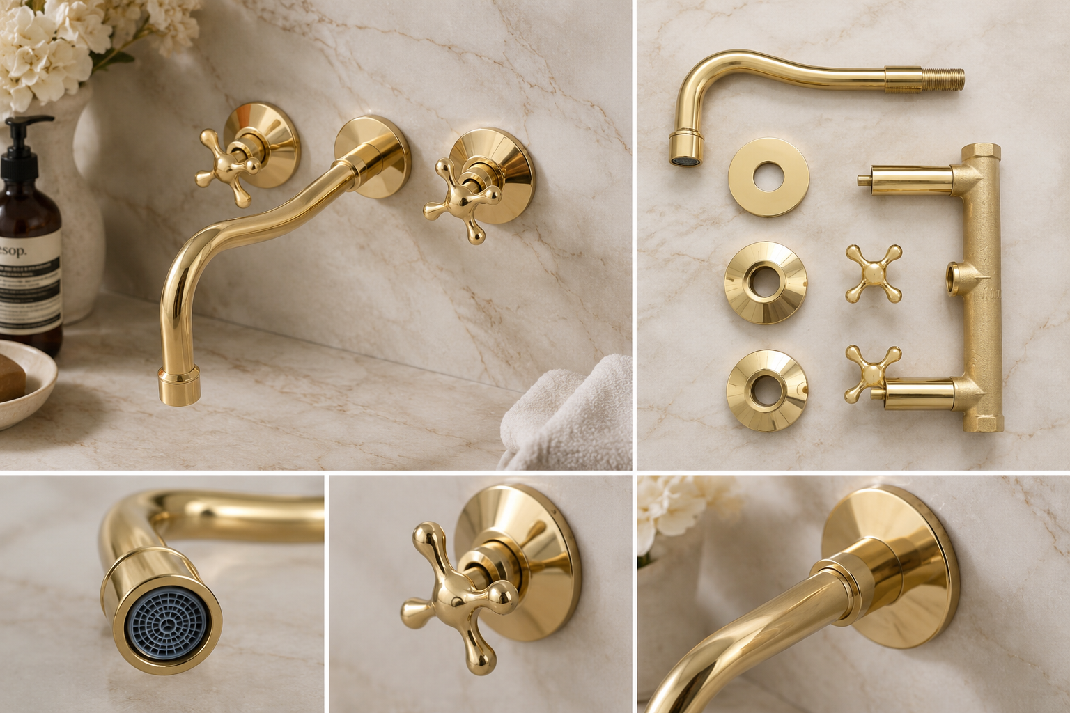 A collage showing a brushed gold wall-mounted faucet set with a curved spout, two cross-handle valves, a handheld shower attachment, mounting hardware, and close-up detail views on a light marble background.