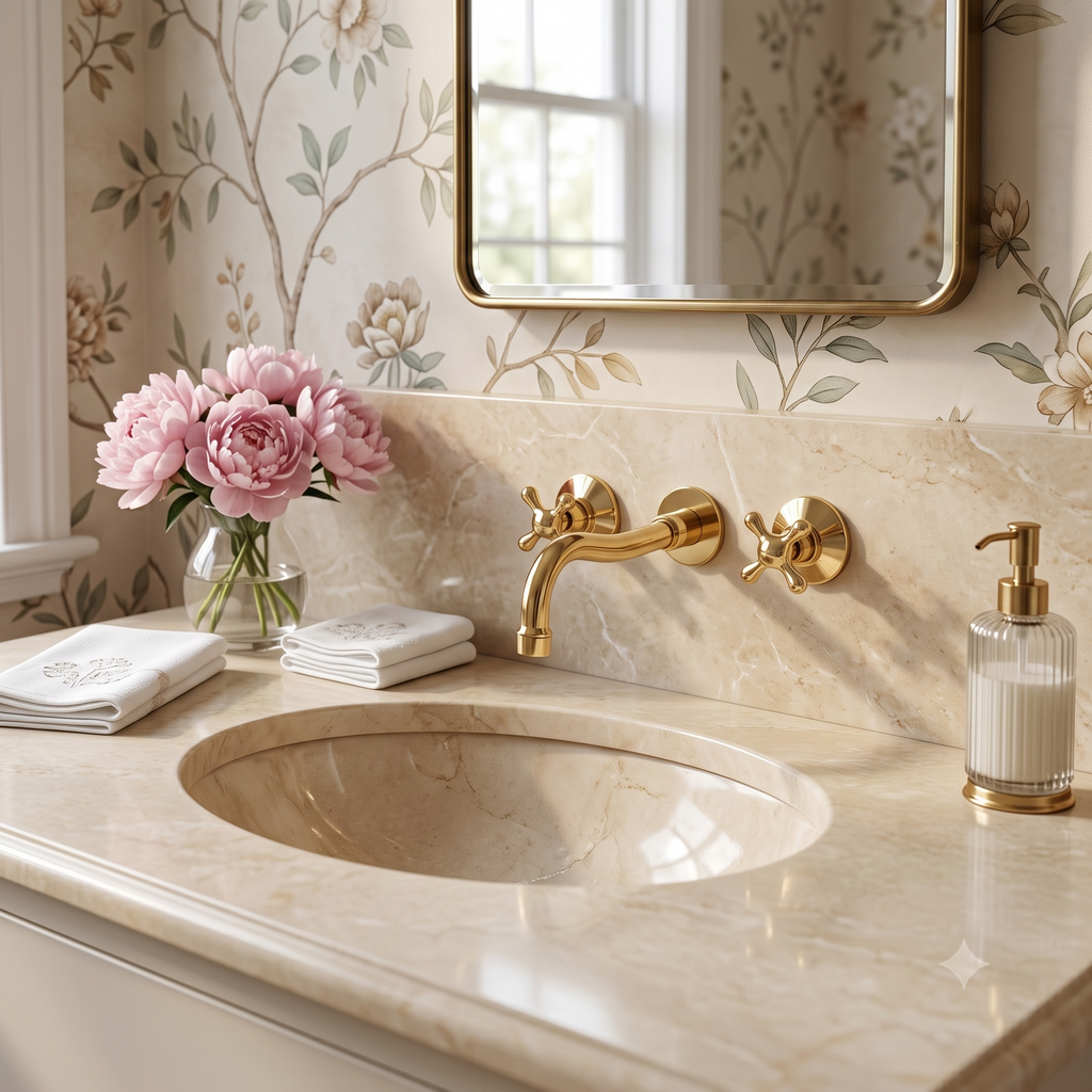 A bathroom vanity scene with a warm beige marble countertop and sink, a polished gold wall-mounted faucet and matching soap dispenser, floral wallpaper, a mirror, folded white towels, and a vase of pink flowers.