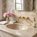 A bathroom vanity scene with a warm beige marble countertop and sink, a polished gold wall-mounted faucet and matching soap dispenser, floral wallpaper, a mirror, folded white towels, and a vase of pink flowers.