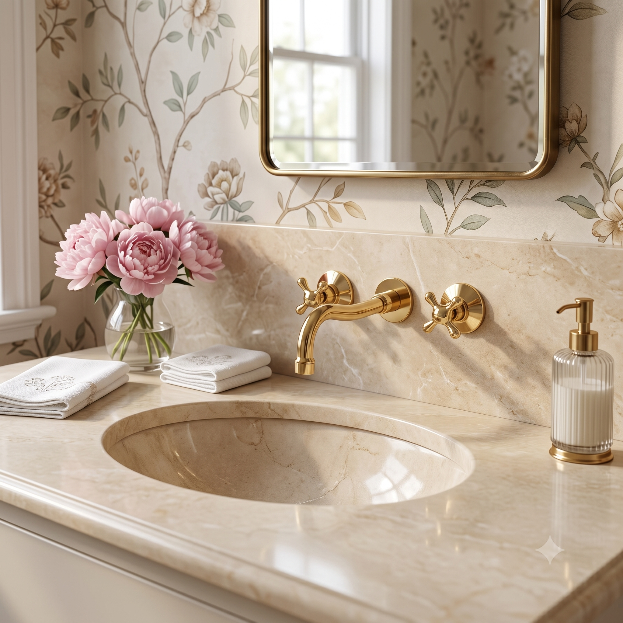 A bathroom vanity scene with a warm beige marble countertop and sink, a polished gold wall-mounted faucet and matching soap dispenser, floral wallpaper, a mirror, folded white towels, and a vase of pink flowers.