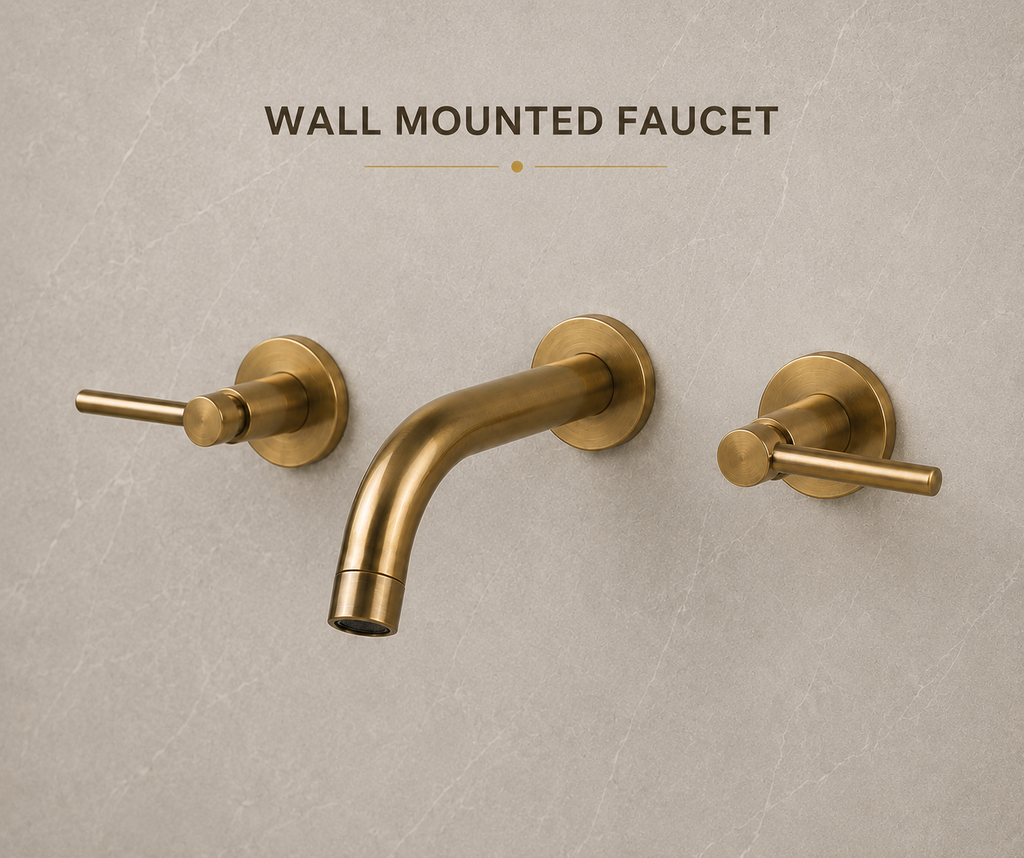 Gold wall-mounted faucet set on a beige wall with 'Wall Mounted Faucet' text.